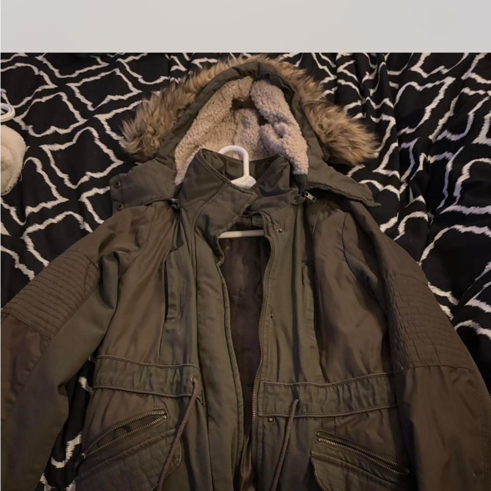 Olive Green Hooded Parka with Faux Fur Trim